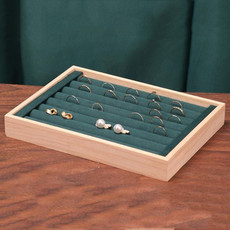 Solid Wooden Velvet Jewelry Display Tray Ring Earring Bracelet Storage And Organization Box, Specification: Medium Dark Green Solid Wooden Velvet Jewelry Display Tray Ring Earring Bracelet Storage And Organization Box, Specification: Medium Dark Green