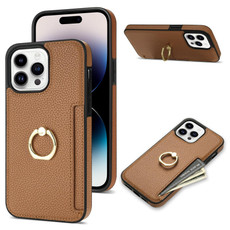For iPhone 15 Pro Max Ring Card  Litchi Leather Back Phone Case(Brown)