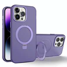 For iPhone 15 Pro MagSafe Metal Holder Frosted Translucent Phone Case(Dark Purple)