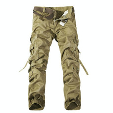 Mens Multi-Pocket Cotton Overalls Casual Sports Pants, Size: 32(Khaki)