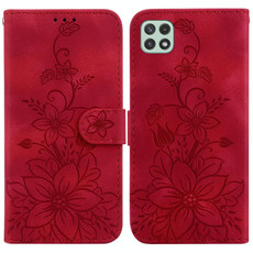 For Samsung Galaxy A22 5G Lily Embossed Leather Phone Case(Red) For Samsung Galaxy A22 5G Lily Embossed Leather Phone Case(Red)