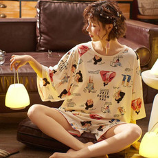 2pcs/Set Women Spring And Summer Thin Pajamas Short Sleeve Shorts Homewear, Size: M(Letters Girl)