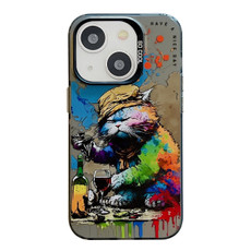 For iPhone 15 Animal Pattern Oil Painting Series PC + TPU Phone Case(Drinking Cat)