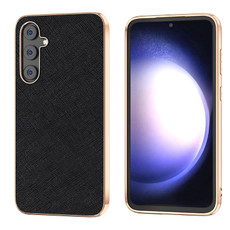 For Samsung Galaxy S23 FE 5G Nano Electroplating Cross Texture Genuine Leather Phone Case(Black) For Samsung Galaxy S23 FE 5G Nano Electroplating Cross Texture Genuine Leather Phone Case(Black)