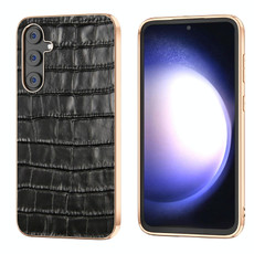 For Samsung Galaxy S23 FE 5G Crocodile Texture Genuine Leather Electroplating Phone Case(Black) For Samsung Galaxy S23 FE 5G Crocodile Texture Genuine Leather Electroplating Phone Case(Black)