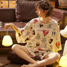 2pcs/Set Women Spring And Summer Thin Pajamas Short Sleeve Shorts Homewear, Size: L(Letters Girl)