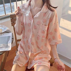 Cartoon Summer Short-sleeved Pajamas Shorts Cardigan Large-size Homewear Two-Piece Suit, Size: M(Little Peach)