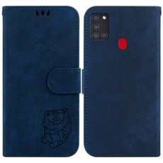 For Samsung Galaxy A21s Little Tiger Embossed Leather Phone Case(Dark Blue)