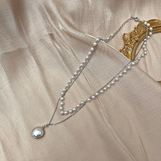 Simple Beaded Double-Layer Pearl Pendant Necklace(Silver)