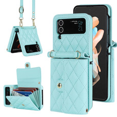 For Samsung Galaxy Z Flip3 Rhombic Texture Card Bag PU Phone Case with Long Lanyard(Mint Green)