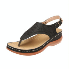 PU Leather Flip Flop Sandals Roman Style Adjustable Strap Sandals, Size: 42(Black)