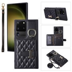 For Samsung Galaxy S20 Ultra Horizontal Card Bag Ring Holder Phone Case with Dual Lanyard(Black)