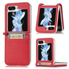 For Samsung Galaxy Z Flip5 JUNSUNMAY Lichee Pattern Leather Skin PC Folding Phone Case with Card Slot(Red) For Samsung Galaxy Z Flip5 JUNSUNMAY Lichee Pattern Leather Skin PC Folding Phone Case with Card Slot(Red)