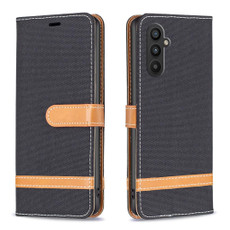 For Samsung Galaxy A25 5G Color Block Denim Texture Leather Phone Case(Black)