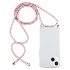 For iPhone 15 Four-Corner Shockproof Transparent TPU Case with Lanyard(Pink)