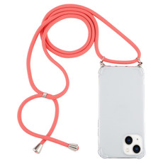 For iPhone 15 Four-Corner Shockproof Transparent TPU Case with Lanyard(Red)