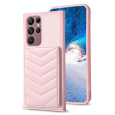 For Samsung Galaxy S22 Ultra 5G BF26 Wave Pattern Card Bag Holder Phone Case(Pink)