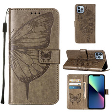 For iPhone 15 Pro Max Embossed Butterfly Leather Phone Case(Grey)