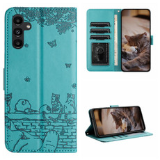 For Samsung Galaxy A54 Cat Embossing Pattern Leather Phone Case with Lanyard(Blue)