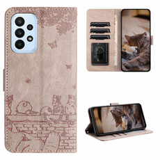 For Samsung Galaxy A72 Cat Embossing Pattern Leather Phone Case with Lanyard(Grey)