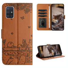 For Samsung Galaxy A51 Cat Embossing Pattern Leather Phone Case with Lanyard(Brown)