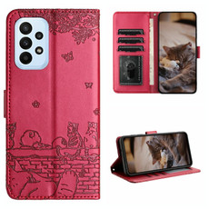 For Samsung Galaxy A23 Cat Embossing Pattern Leather Phone Case with Lanyard(Red)