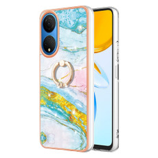 For Honor X7 Electroplating Marble IMD TPU Phone Case with Ring Holder(Green 004)