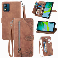 For Motorola Moto E13 Embossed Flower Zipper Leather Phone Case(Brown)