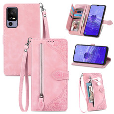 For TCL 40R Embossed Flower Zipper Leather Phone Case(Pink) For TCL 40R Embossed Flower Zipper Leather Phone Case(Pink)