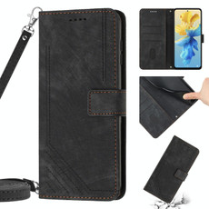 For Infinix Hot 10 Play / Hot 11 Play Skin Feel Stripe Pattern Leather Phone Case with Lanyard(Black)