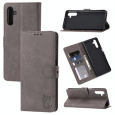 For Samsung Galaxy A54 5G Embossed Happy Cat Pattern Flip Leather Phone Case(Grey)