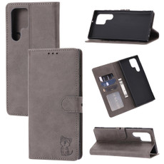 For Samsung Galaxy S23 Ultra 5G Embossed Happy Cat Pattern Flip Leather Phone Case(Grey)