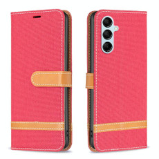 For Samsung Galaxy M14 5G Color Block Denim Texture Leather Phone Case(Red)
