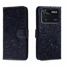 For Xiaomi Poco M4 Pro Lace Flower Embossing Flip Leather Phone Case(Dark Blue)