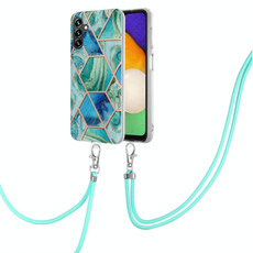 For Samsung Galaxy A34 5G Electroplating IMD Splicing Dual-side Marble TPU Phone Case with Lanyard(Green)