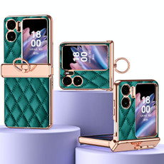 For OPPO Find N2 Flip Rhombus Pattern Electroplated Plain Leather Magnetic Phone Case with Ring(Green)