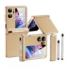 For OPPO Find N2 Flip Litchi Texture Leather Hinged Electroplated Phone Case with Pen(Gold)