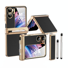 For OPPO Find N2 Flip Litchi Texture Leather Hinged Electroplated Phone Case with Pen(Black Gold)