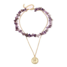 Boho Colorful Broken Natural Stone Necklace, Model: N2107-5 Purple Stone Double Layer Boho Colorful Broken Natural Stone Necklace, Model: N2107-5 Purple Stone Double Layer