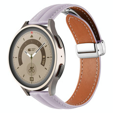 22mm Folding Buckle Grooved Genuine Leather Watch Band, Silver Buckle(Purple)