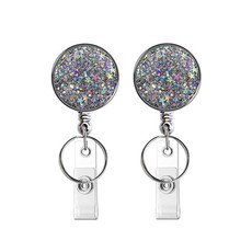 2pcs  Diamond Glitter Sequins Retractable Pull Badge Reel Name Tag Card Badge Holder(Silver)