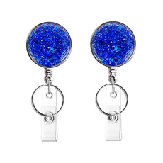2pcs  Diamond Glitter Sequins Retractable Pull Badge Reel Name Tag Card Badge Holder(Navy Blue)