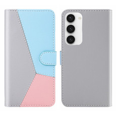 For Samsung Galaxy S23 5G Tricolor Stitching Flip Leather Phone Case(Grey)