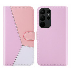 For Samsung Galaxy S23 Ultra 5G Tricolor Stitching Flip Leather Phone Case(Pink)