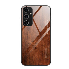 For Samsung Galaxy A14 5G Wood Grain Glass Phone Case(Dark Brown)