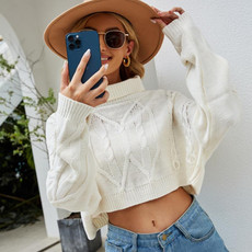 Solid Color High Neck Pullover Knitted Top Short Stranded Flowers Knitted Sweater, Size: M(White)