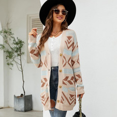 Autumn and Winter Female Diamond Loose Knitted Cardigan Jacquard Medium-length Sweater Jacket, Size: XL(Beige) Autumn and Winter Female Diamond Loose Knitted Cardigan Jacquard Medium-length Sweater Jacket, Size: XL(Beige)