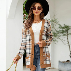 Autumn and Winter Female Diamond Loose Knitted Cardigan Jacquard Medium-length Sweater Jacket, Size: L(Brown) Autumn and Winter Female Diamond Loose Knitted Cardigan Jacquard Medium-length Sweater Jacket, Size: L(Brown)