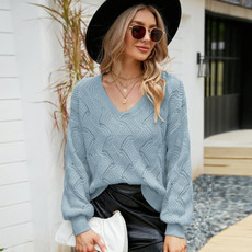 V-neck Sweater Women Autumn and Winter Loose Knitted Bottoming Shirt, Size: S(Blue) V-neck Sweater Women Autumn and Winter Loose Knitted Bottoming Shirt, Size: S(Blue)