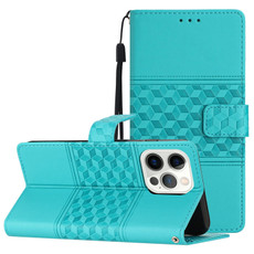 For iPhone 14 Pro Max Diamond Embossed Skin Feel Leather Phone Case with Lanyard(Blue)